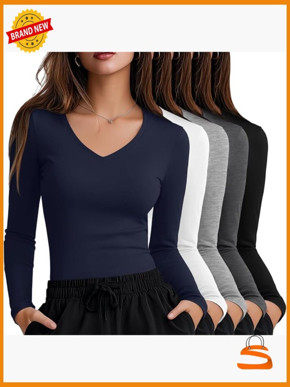 5-Pack Long Sleeve V Neck Undershirts Fitted Scrubs Tops Layering